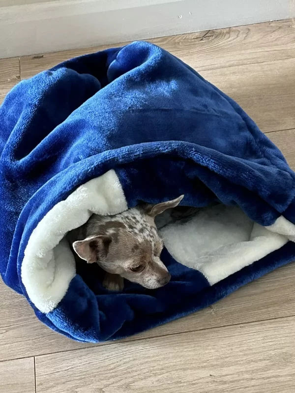 LUXURY FAUX FUR SNUGGLE SACK CHIHUAHUA YORKIE PET PUPPY BED BLUE WHITE